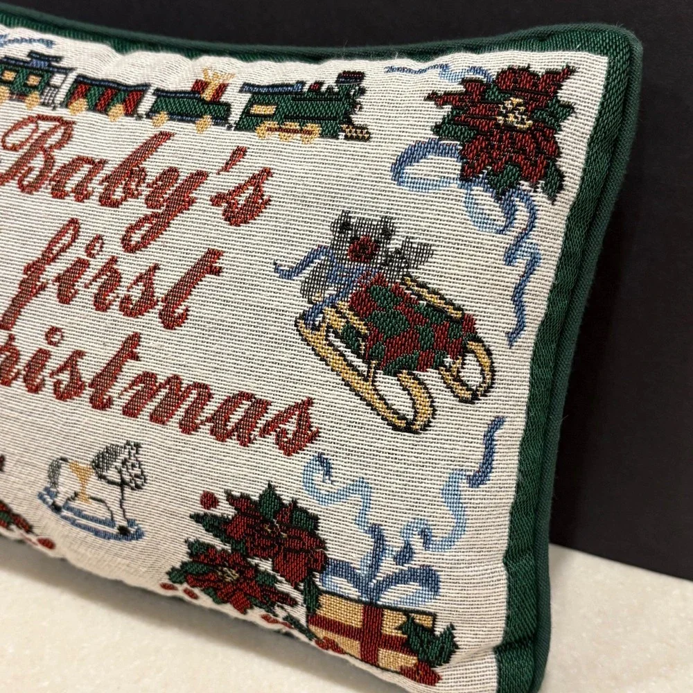 Vintage Arlee Home Fashions Baby's First‎ Christmas Tapestry Pillow ~9x12 USA